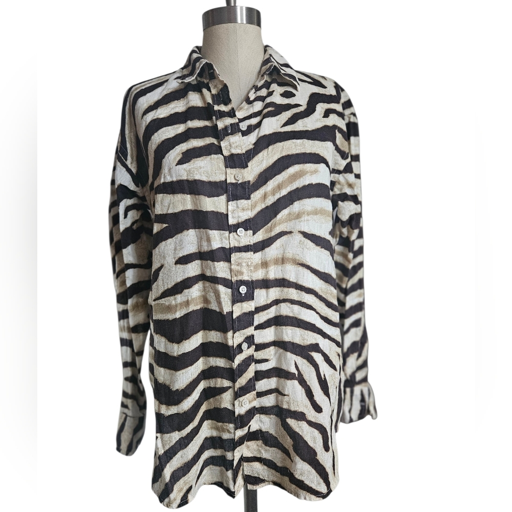 LAUREN RALPH LAUREN Relaxed Fit Zebra-Print Linen Shirt | SZ S - Picture 2 of 14